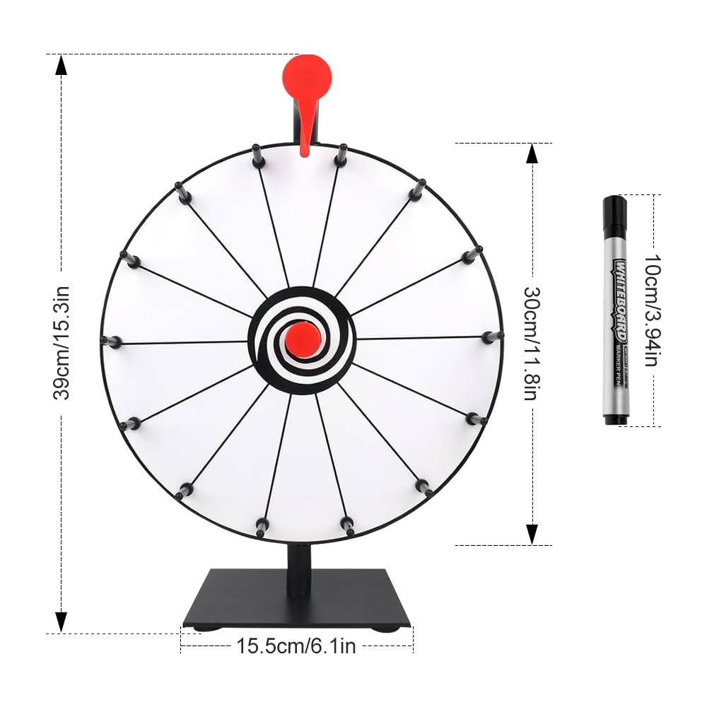 Ruota della fortuna da ruotare, 30 cm, da personalizzare con 14 slot, spinning Prize Wheel giocattolo con gomma e pennarello, per carnevale, vincere giochi Fortune Spin, bianco e nero