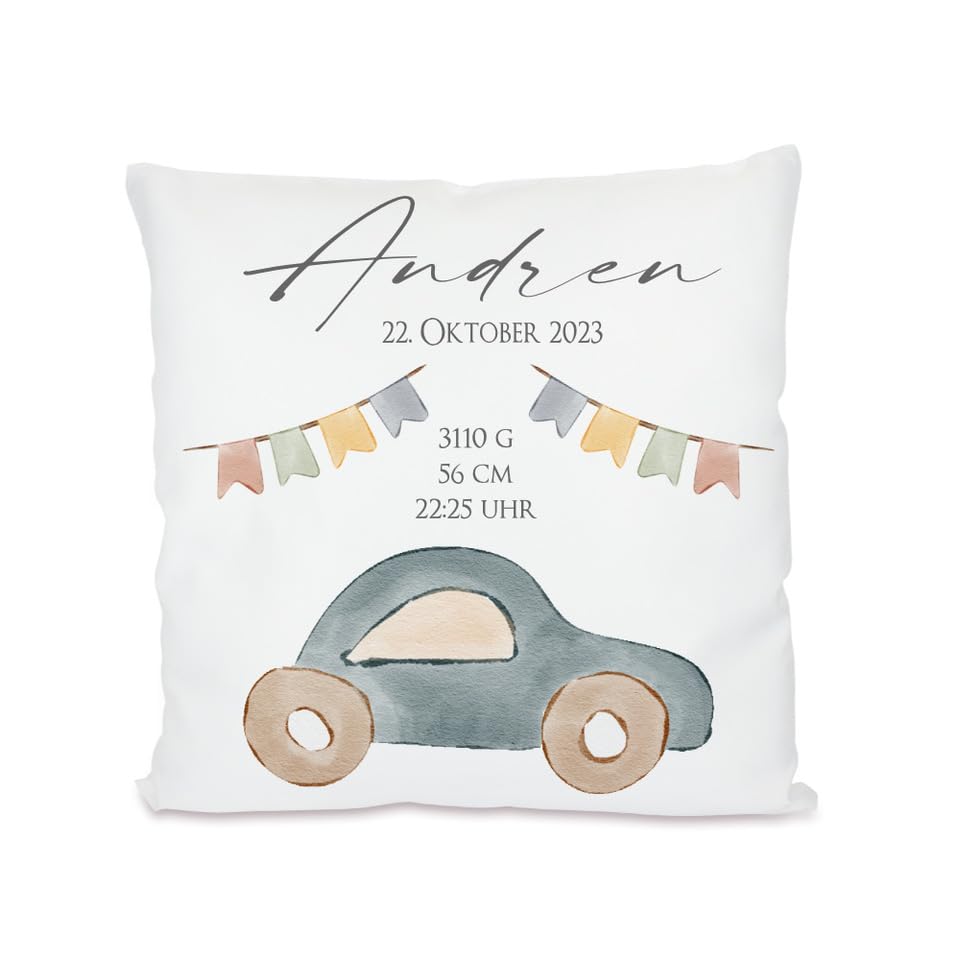 Manufaktur Liebevoll personalisiertes Kissen zur Geburt | Geschenk mit Namen für Mädchen und Jungen | Kissen mit Geburtsdaten für Neugeborene | Personalisiertes Geschenk zur Geburt (Motiv Auto)