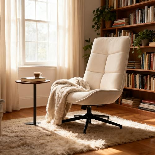 MEUBLE Cosy Sillón Relax de Salón, Silla Giratorio Moderna y Cómoda con Respaldo Reclinable, Altura Ajustable, Tela Suave, Patas Metálicas, Beige
