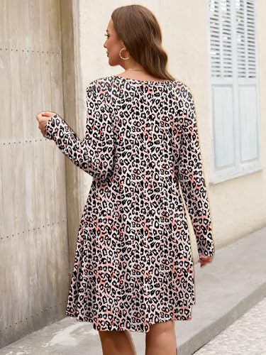 Image of AusLook Women's Plus Midi Dress Long Sleeve Crew Neck A-Line Swing Flowy Vacation Fall Wedding Guest Dresses with Pocket 1-5X