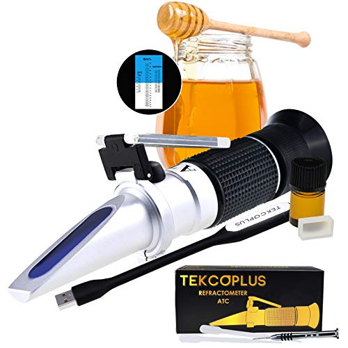 Optics Honey Sugar Moisture Brix Baume Refractometer ATC, Tri-Scale 58-90% Brix, 38-43 Be (Baume) 12-27% Water, Beekeeping, Maple, w Extra Dioptric Oil (for Calibration), Reference