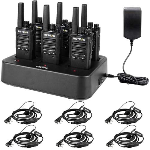 Retevis RT68B (3rd GenRT68) Walkie Talkies with Earpiece - 16 Channels 30H Battery FRS Two-Way Radios 6-Way Charger VOX Long Range Rugged & Water Resistant for Adults School Church(6 Pack)