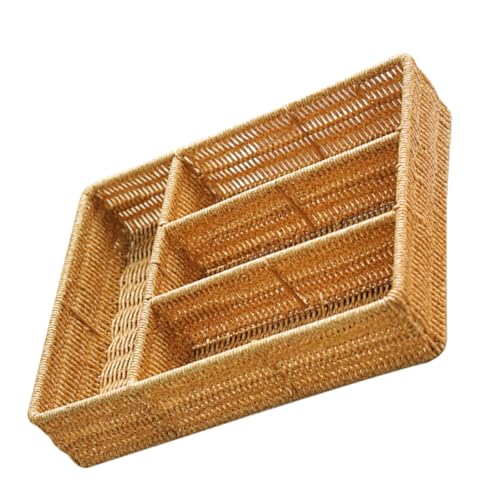 SUPVOX Organizador de Llaves y Mandos a Distancia Tejido Tipo Mimbre, Caja de Almacenamiento para Escritorio y Cocina, 4 Compartimentos, Color Café Claro 34x26x7 Cm, Porta Cubiertos