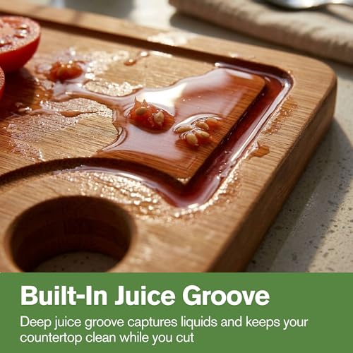 Juego de 3 Tablas de Cortar de Bambú con Ranuras para Jugos, Mangos Integrados y Alfombrillas Antideslizantes, Tablas Reversibles de Madera para Preparación de Alimentos en la Cocina: Carne, Verduras, Frutas, Pan y Queso miniatura 5