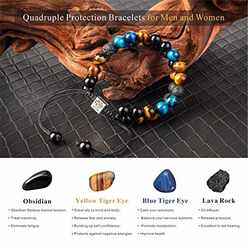 Ultimate Protection Beaded Bracelets For Men Women, 8Mm Healing Beads - Tiger Eye, Lava Rock & Black Obsidian Crystal Stone Handmade Good Luck Bracelets Jewelry Gift #TOP1