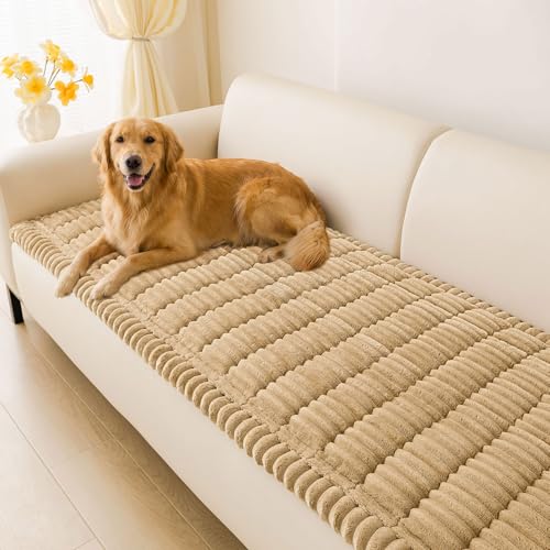 hyha Couch Covers for Dogs Washable, Non Slip Plush Dog Sofa Protectors, Fuzzy Pet Couch Covers for 3 Cushion Sofa Pet Friendly (Camel, 27.6' x 59')