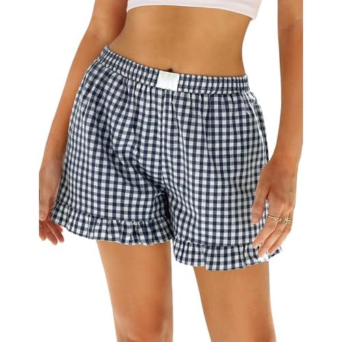 Marvmys Womens Boxer Shorts Cotton Pajama Bottoms Summer Gingham Ruffle/Lace Shorts Casual Y2K Beach Shorts S-2XL X-Large Ruffle - Navy Blue Plaid