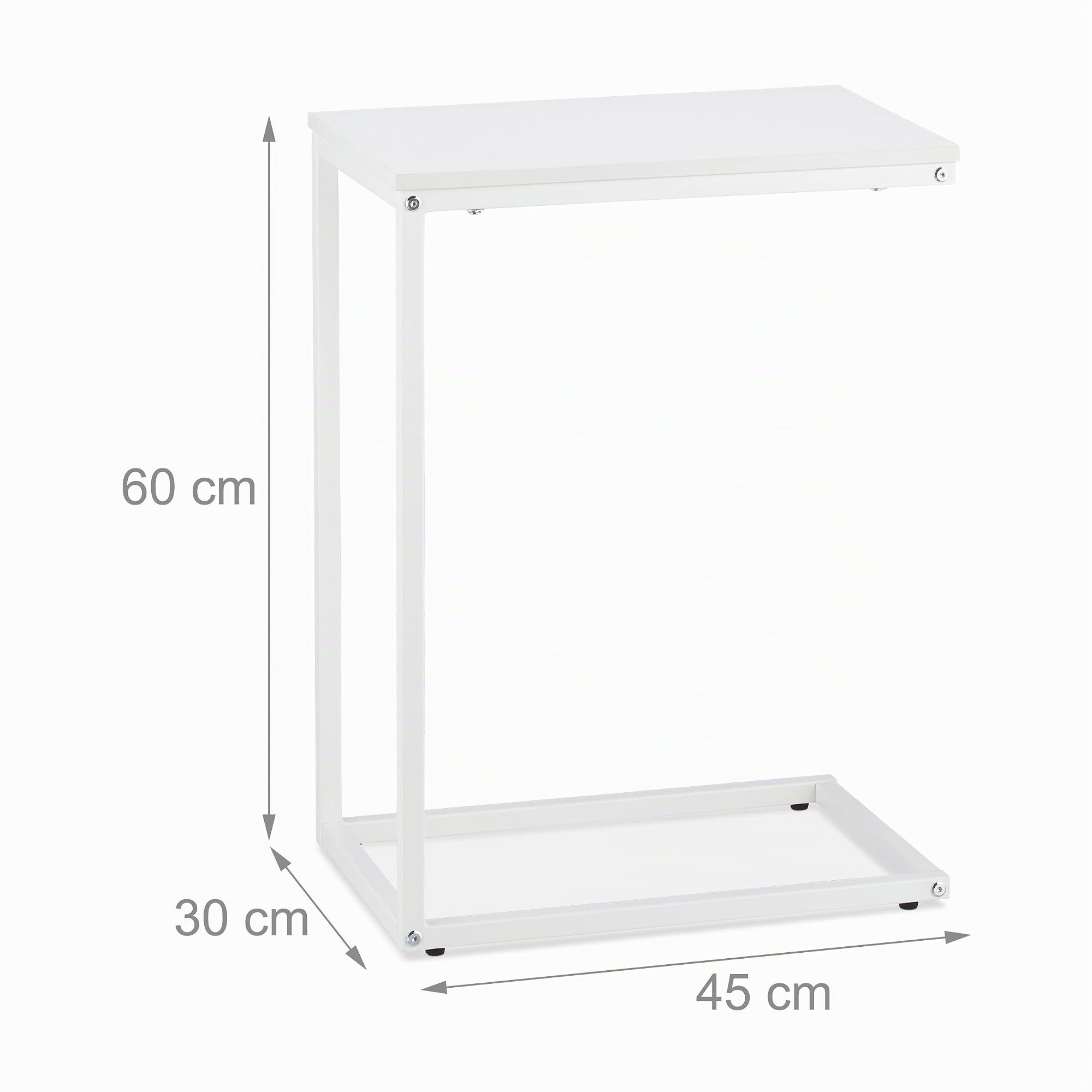 Relaxdays Tavolino da Divano a Forma di C, HLP: 60x30x45 cm, Tavolo da Salotto e Camera da Letto, Acciaio e MDF, Bianco