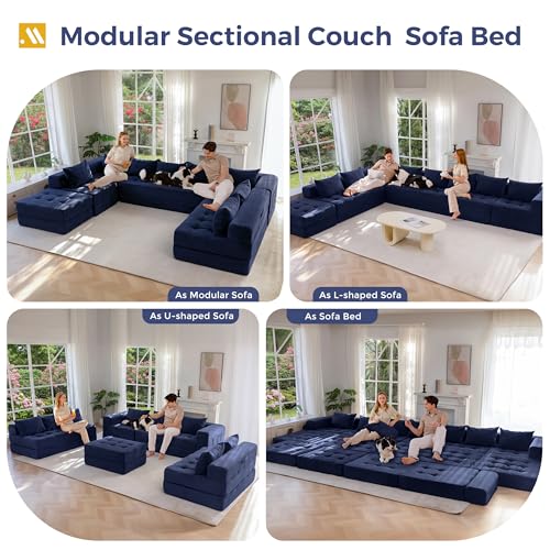 Image of MAXYOYO Modular Sectional Sofa Couch, Foldable Oversized U Shaped Cloud Couch with Pillows, Tufted Boneless Lounger Floor Sofa Bed for Living Room, No Assembly Required, Navy