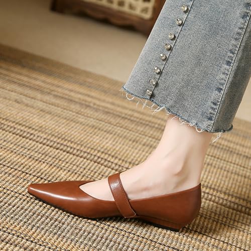 Womens Pointed Toe Leather Mary Jane Flats Comfortable Low Heels Buckle Strap Work Casual Dress Slip On Flats Shoes4