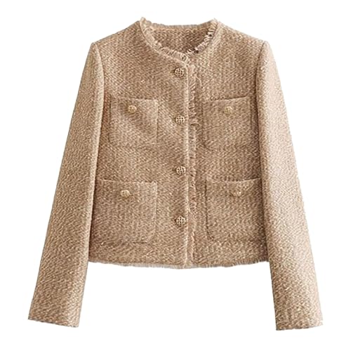 Womens Cropped Tweed Blazer Jackets Collarless Button Down Business Casual Outfits with Pockets