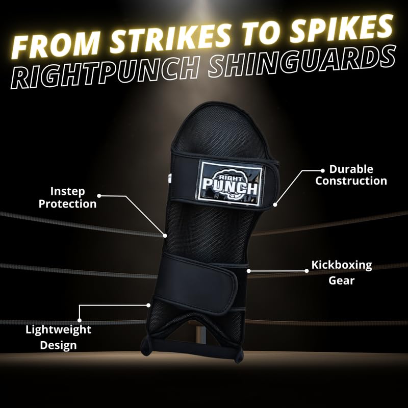 Right Punch Shin Guards Kickboxing Leg Pads with Instep Protection, Muay Thai MMA Martial Arts Kicking Sparring Training Gear – Full Black (X-Small)
