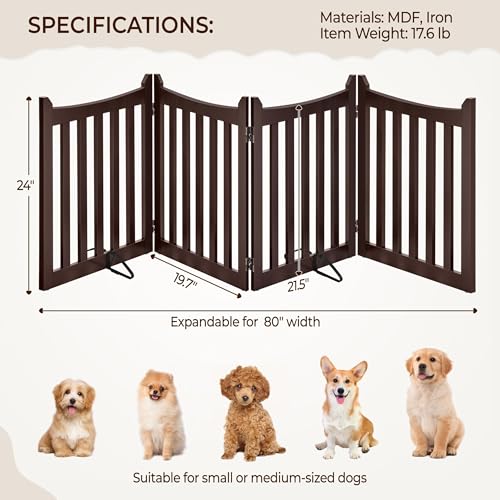 Image of Yaheetech 24in 4-Panel Wooden Freestanding Pet Gate for Indoors Espresso | Dog Fence with 2 Support Feet for Stairs /Doorways /Halls /Kitchen, Foldable for Storage,Easy Assembly,Ideal for Small Pets