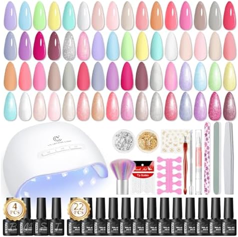 PEACECOLOR Gel Nail Kit, 39 Pieces, 22 Pieces, Spring and Summer Color Gel Nail Set, Color Gel, 4 PC Top Coat &amp; Base Coat, U V Nail Light Included, Nail Sticker, Starter Kit, Self Nail, Beginners,