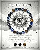 Bivei Evil Eye Bracelets Protection, Strength Crystal Healing Bracelet 8MM with Black Tourmaline, Obsidian & Tiger Eye - Spiritual Stretch Beaded Jewelry for Women Men Gift