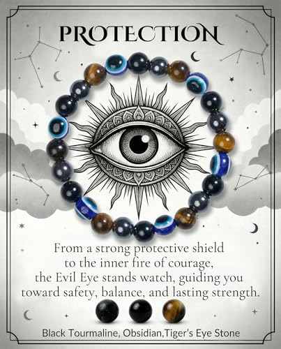 Bivei Evil Eye Protection Bracelet, Strength Crystal Healing Bracelet 8MM with Black Tourmaline, Obsidian & Tiger Eye - Spiritual Stretch Beaded Jewelry for Women Men Gift