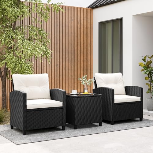 Image of Tangkula 3 Piece Patio Furniture Set, Rattan Conversation Set w /Soft Seat & Back Cushions, Tempered Glass Topped Coffee Table, Cushioned Wicker Seating Set for Backyard, Porch, Poolside (Off White)
