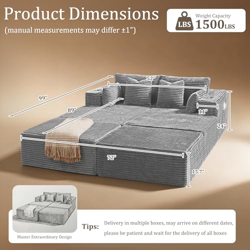 Image of 72 inch Cloud Sectional Couch, Comfort Sleep Sofa for Living Room, Extra Deep Seats No Assembly, Minimalist Modular Couch, Corduroy (Light Grey, Extend Loveseat Chaise)