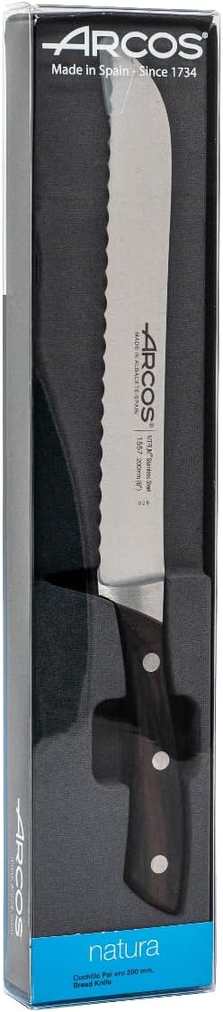 Arcos Bread Knife 8 Inch Nitrum Stainless Steel and 200 mm blade. Obtain a great variety of cuts for your food. Ideal knife for daily domestic use. Series Natura. Color Brown.