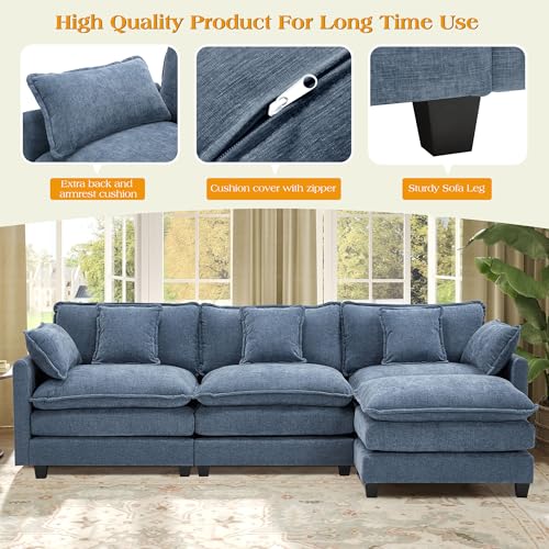 Image of 113.4 inch Modular Sectional Sofa,Cloud Couch for Living Room, Modern Deep Seat Sofa 3 Seater Chenille Fabric Comfy Couches with Throw Pillows & Ottoman for Apartment