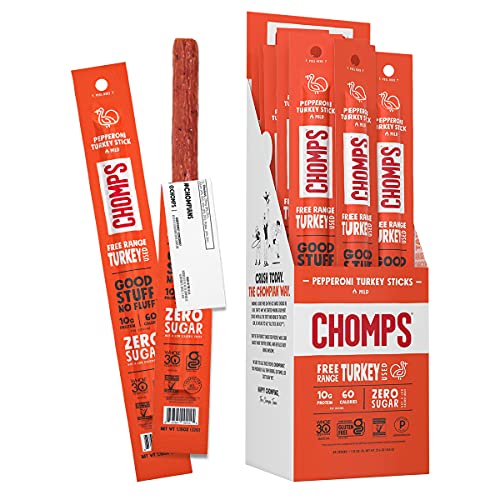 Image of Chomps Free Range Pepperoni Turkey Jerky Meat Snack Sticks, Keto, Paleo, Low Carb, High Protein, Sugar Free, Gluten Free, 60 Calories 1.15 Oz Sticks, Pepperoni Turkey 24 Pack