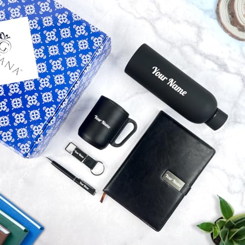 Image of Giftana 5 in 1 Personalized Diary and Pen with Bottle 500ml, Coffee Mug 180ml with Keychain Gift for Men Women, Customized Employee Welcome Kit Gifting Items, Corporate Gift for Employee (Black)