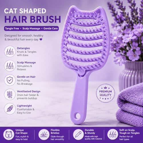 Image of Premium 3D Detangling Hair Brush for Women & Men- Anti Hair Fall Comb for Curly, Wavy & Straight Hair | Hair Straightening Brush, Wet & Dry Styling Brush | Scalp Massager, Frizz Control & Tangle Free Grooming Brush (PACK OF 1) (CAT PURPLE)