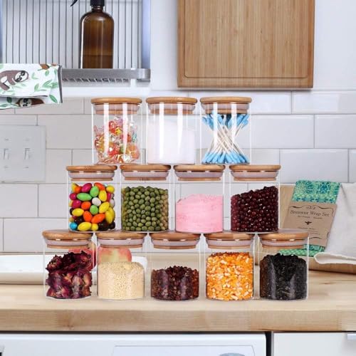 Image of Glass Food Storage Containers with Airtight Bamboo Lid, Coffee Storage Jars for Home Kitchen, Pantry Tea, Spices, Snack (ROUND 220 ML JAR, SET OF 12)