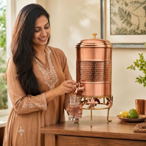 Image of Artarium Pure Copper Water Dispenser 7 Litre with Tap, Handcrafted Semi-Hammered Copper Water Storage Container with Lid, Ayurvedic Water Dispenser for Home, Kitchen, Office & Dining