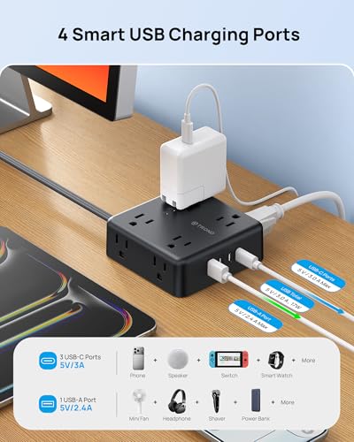 Image of TROND Surge Protector Power Strip, 10FT Flat Plug Extension Cord with 8 Outlets & 4 USB Ports (3 USB C), 1625W, Wall Mount Outlet Extender for Home Office Dorm Room Essentials, Black