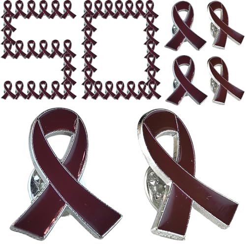 Image of Burgundy Cancer Ribbon Pins Bulk 50 Pcs Multiple Myeloma Awareness Support Gifts Products Amyloidosis Brain Aneurysm Sickle Cell Anemia Migraine Meningitis Awareness Williams Syndrome