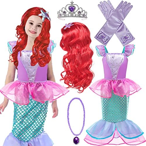 Princess Little Mermaid Costume for Girls with Mermaid Wig Princess Ariel Cosplay Dress Up for Birthday Party Halloween Costume