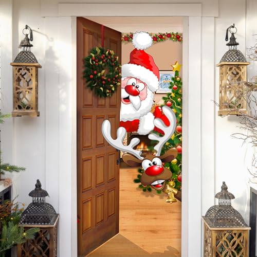 MytaYt Decoracion Navidad Noel Papa Reno Fondo Puerta Cubierta Navidad Decoración de Bandera Colgante Divertida Dornos Navidad Exterior para Adornos Navideños Fiesta, Puertas, Ventanas - 90 * 200cm