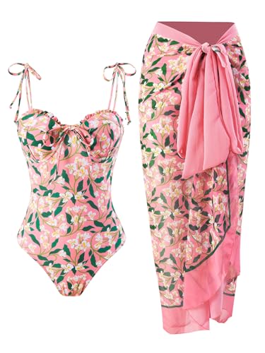 One Piece Swimsuit with Cover Up Retro Bathing Suit with Cover Up Set Modest Sarong Wrap Swim Suits for Women Slimming Two Piece Swimwear with Matching Pink Leaf Large