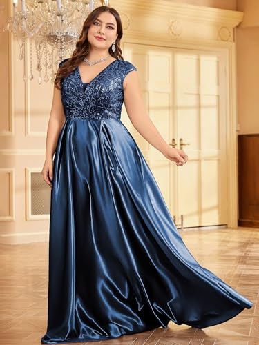 Image of Plus Size Satin Mother of the Bride Formal Gown for Wedding Sleeveless V-Neck Evening Dress