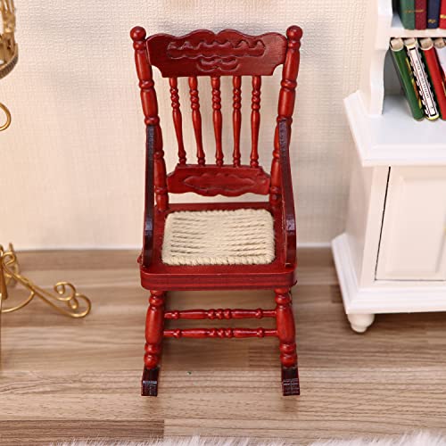 Dollhouse Miniature Rocking Chair 1:12 Scale Wooden Furniture Accessories Tiny Mni House Home Outdoor Cake Topper Decoration Model Living Room Scene Christmas Craft Displays (Red) #TOP5