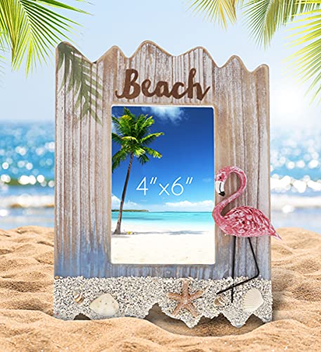 Cota Global Flamingo Beach 4X6 Frame - White Distressed Wood Seashell Photo Frame For Summer Vacation Memory, Handmade Tropical Sand Nautical Picture Frame For Tabletop Or Wall Hang - 10 Inches #TOP4
