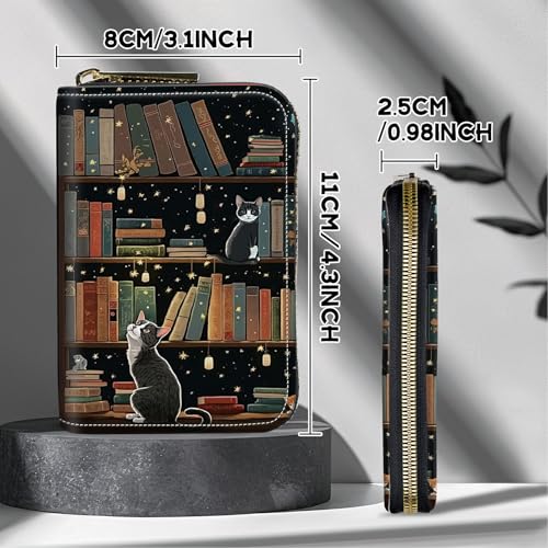 Image of Cute Credit Card Holder with Zipper, Cat Library RFID-Blocking Card Case Small Wallet for Women Men, Multi-slot Card Organizer Case Travel Accordion Wallet