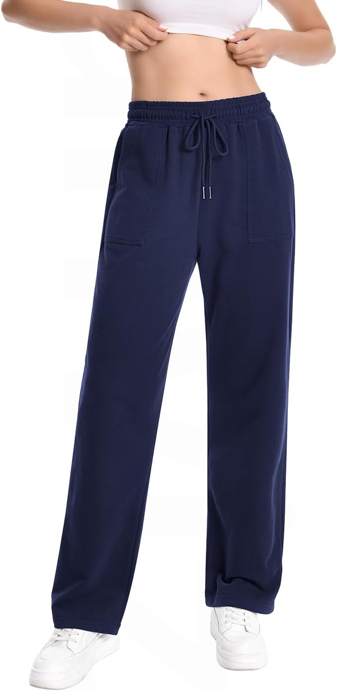 Auriviz Widen Waistband Sweat Pants for Women Exposed Pockets Lounge Sweatpants Straight Leg Pants 29’’ Inseam