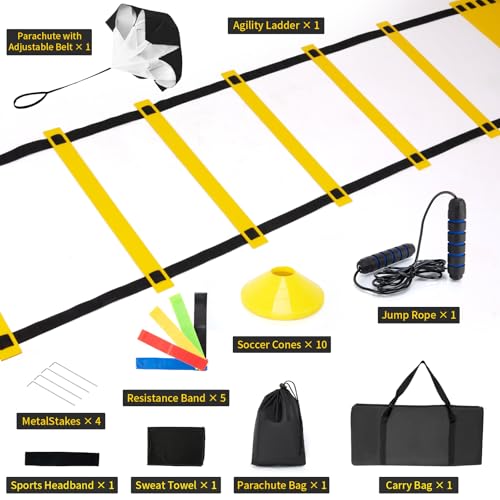 9TH SHOP Speed Ladder Agility Ladder, Football Training Equipment Set-20feet 12 Rungs Speed Ladder,10 Disc Cones, Resistance Parachute, Jump Rope, 4 Resistance Bands - Thumbnail 2