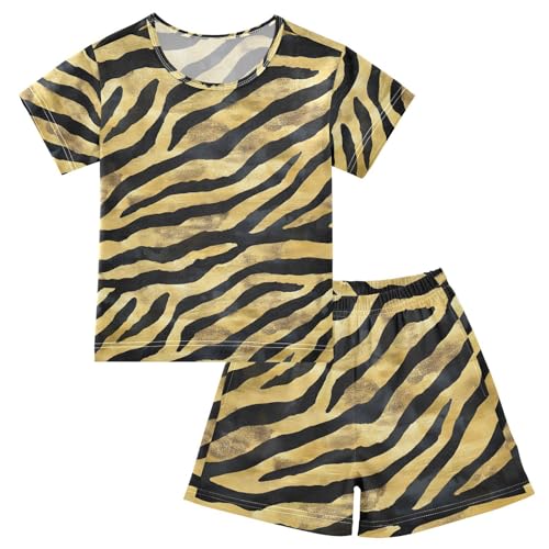ALAZA Tiger Print Striped Yellow Black Pajamas Set Short Sleeve Cotton Sleepwear Summer Pjs 2 Piece 5-14Y