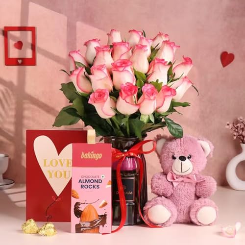 FlowerAura Love Combo Gift of 20 Pink Rose Bouquet In Vase, Teddy...