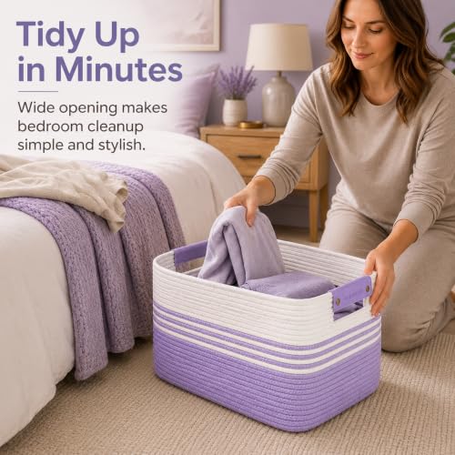 Image of 25.4GAL Collapsible Cotton Rope Extra Large Storage Basket For Bedroom Closet, Boho Rectangular Short Hamper Woven Storage Baskets for Living Room Throw Pillows Blankets Dirty Clothes, White Purple
