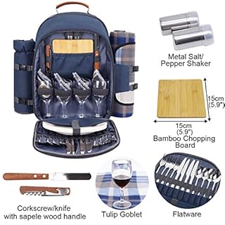 Sunflora Picnic Backpack for 4 Person Set Pack with Insulated Waterproof Pouch for Family Outdoor Camping (Navy Blue)