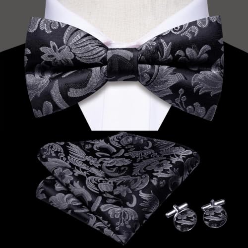 Image of Mens Paisley Striped Bowtie Set Pre-tied Bowtie for Men and Pocket Square Set Wedding Business