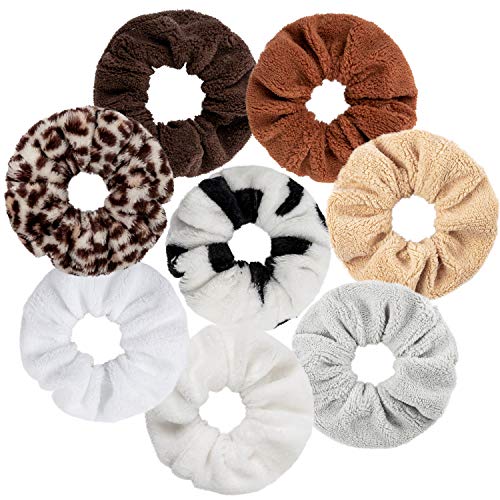 WATINC 8 Pcs Leopard Towel Scrunchies Cow Hair Drying Scrunchie Soft Microfiber Thick Fuzzy Scrunchy Frizz Free Hair Bobbles Ropes Traceless Ponytail Holder Hair Ties Accessories for Wet and Dry Hair