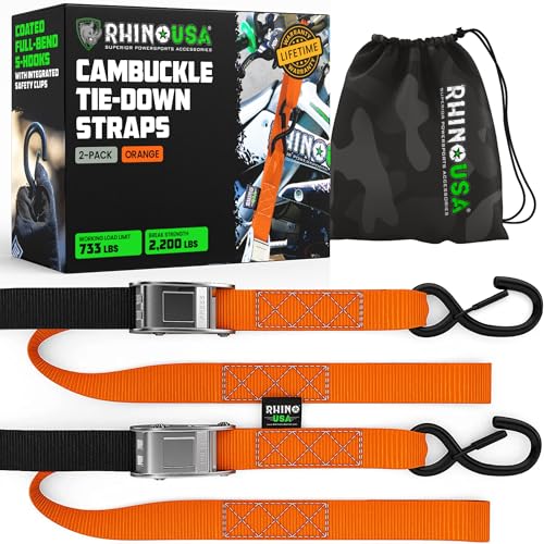 Rhino USA Motorcycle Tie Down Straps (2 Pack) Lab Inspected 2,200lb Break Strength, Steel Cambuckle Tiedown Set with Integrated Soft Loops - Better Than a Ratchet Strap (Orange 2-Pack)