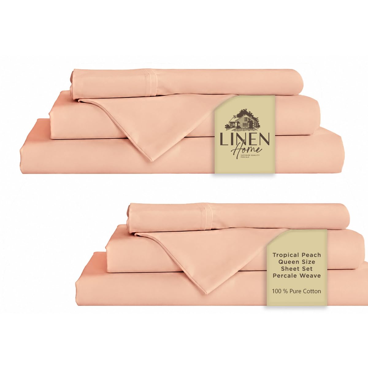 Linen Home 2-Pack Queen Sheet Set 100% Cotton Percale Bedding, 8-Piece Value Bundle, Deep Pocket Cooling Bedsheets for Hot Sleepers, Breathable &amp; Crisp Hotel Quality, Long-Staple Cotton Tropical Peach