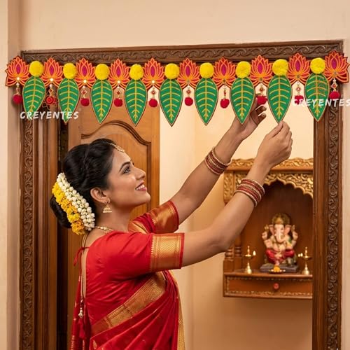 Image of Pink Lotus & Mango Leaf Toran for Door, Hanging for Main Entrance, for Office,Temple,Diwali, Party (CS-30 Lotus TORAN)