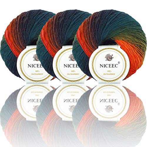 Image of NICEEC 3 Skeins 100% Wool Rainbow Yarn Soft Gradient, Self-Striping, Colorful Single Ply Yarn for Crochet & Knitting - 10#